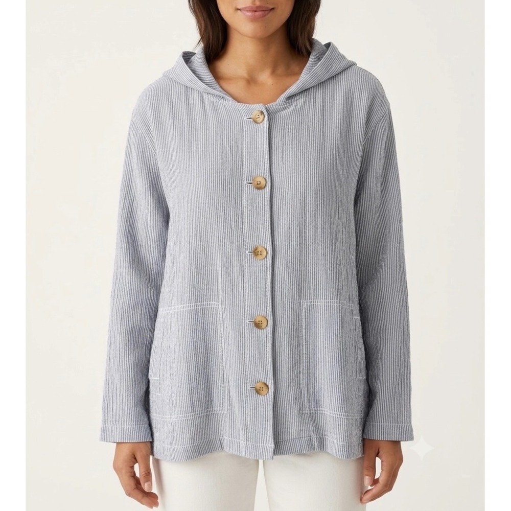 J. Jill Jacket NEW Hooded Pinstripe Button Front Cotton Blue XL Petite